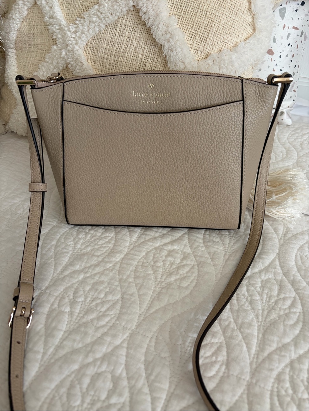 kate spade Monica beige pebbled leather crossbody with gold hardware